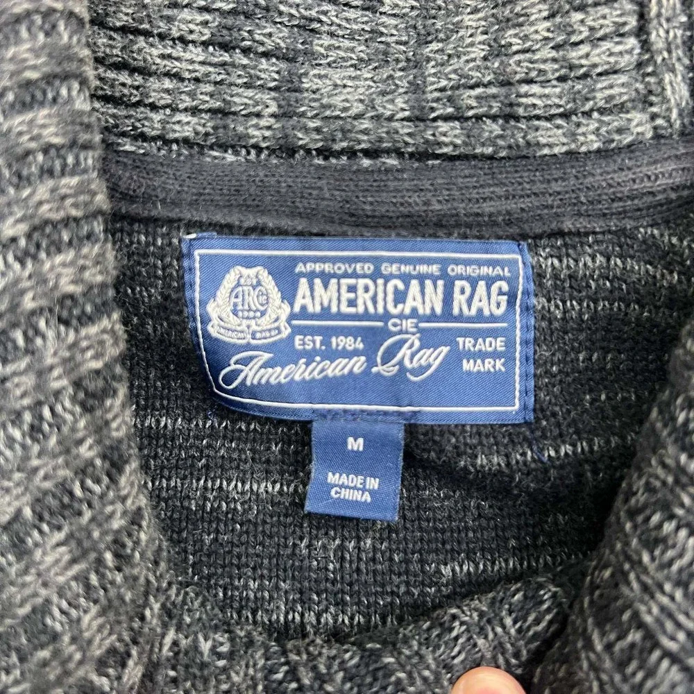 American Rag Sweater Men Medium Black Gray Marled Knit Hooded Pullover Cotton M
